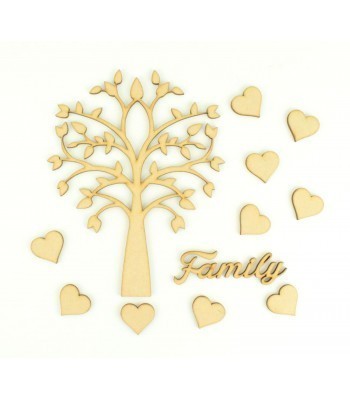 Laser Cut Symetrical Tree Design with Hearts & Family Word - Family Tree Kit 1